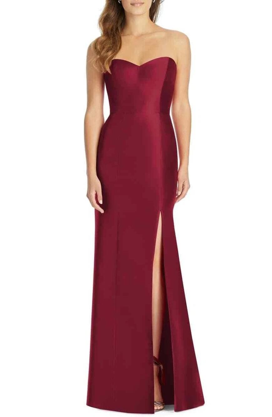 NWT Alfred Sung Burgundy Strapless Satin Twill Trumpet Slit Dress Gown Size 4